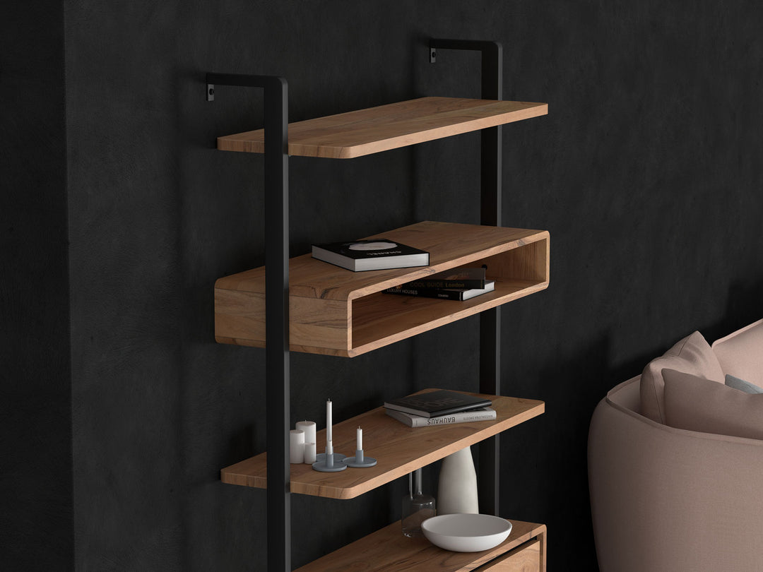 Bookshelf with three doors made of solid acacia wood and carbon steel