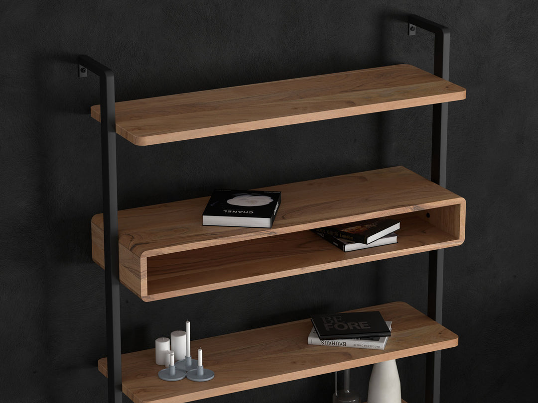 Bookshelf with three doors made of solid acacia wood and carbon steel