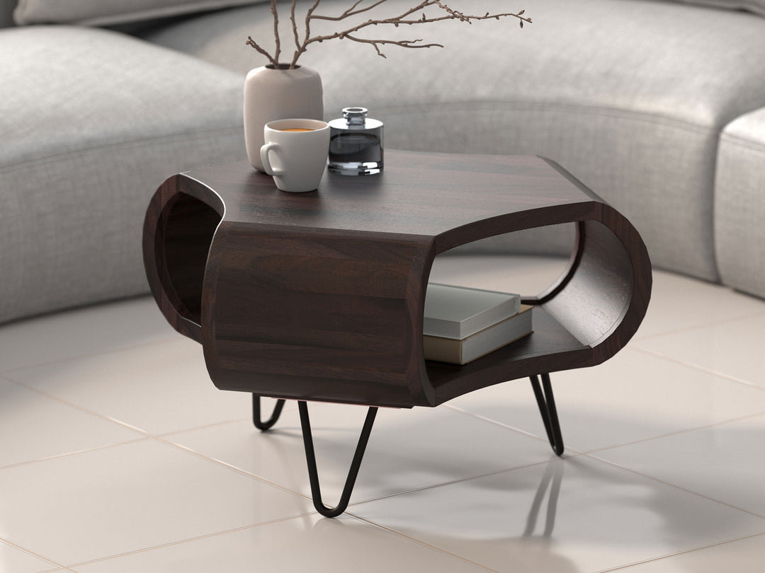 Coffee table, solid sheesham wood and steel
