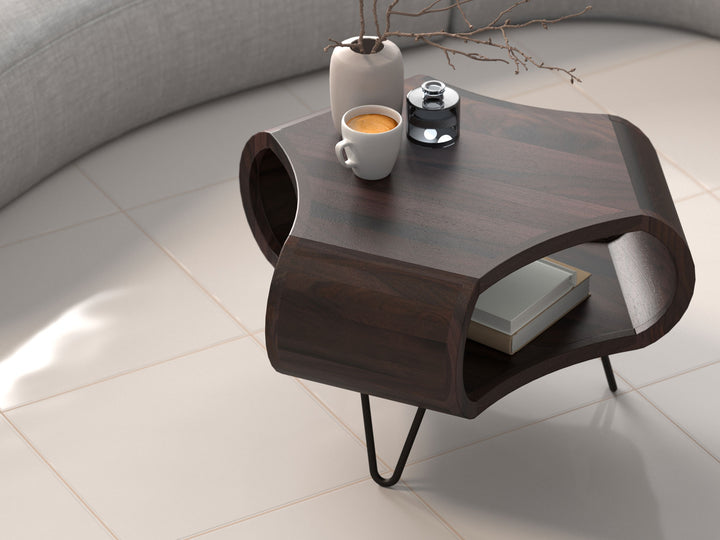 Coffee table, solid sheesham wood and steel