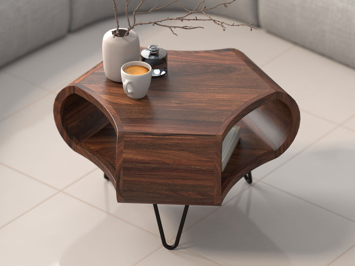 Coffee table, solid sheesham wood and steel