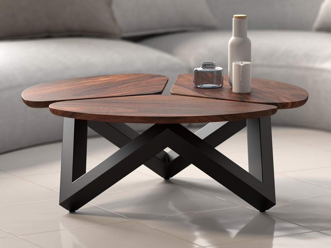 Coffee table, solid sheesham wood and steel