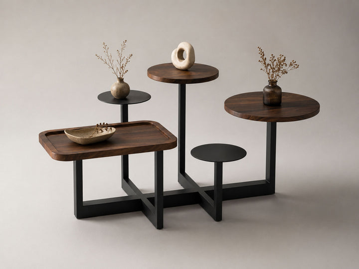 Coffee table, solid sheesham wood and steel