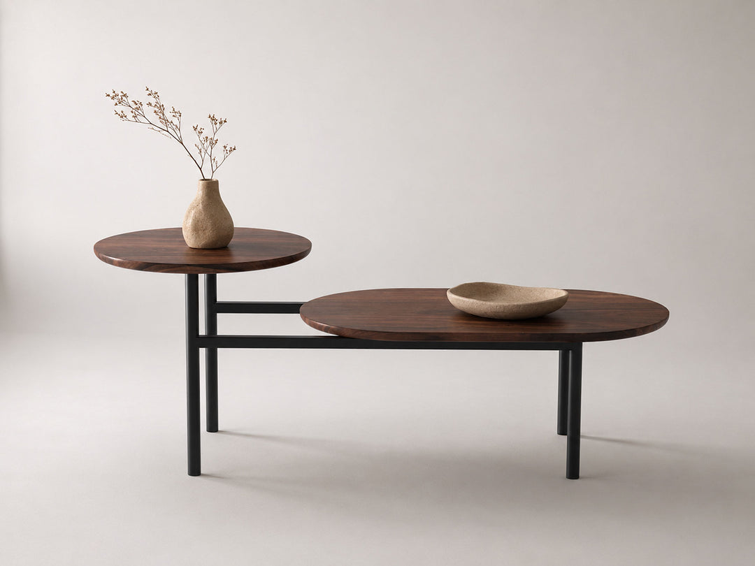 Coffee table, solid sheesham wood and steel
