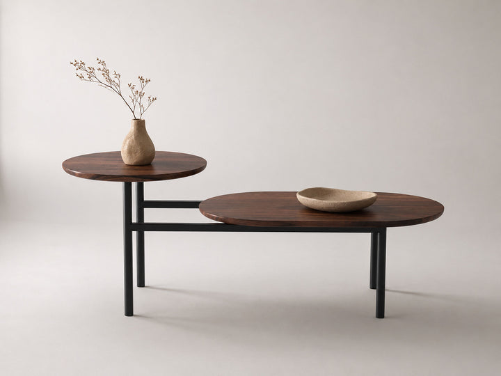 Coffee table, solid sheesham wood and steel