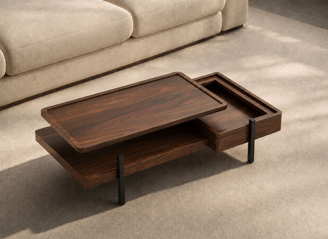 Coffee table, solid sheesham wood and steel