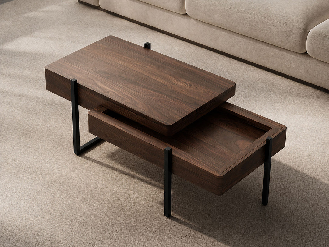Coffee table, solid sheesham wood and steel