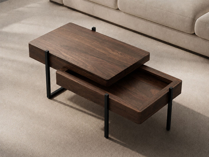 Coffee table, solid sheesham wood and steel