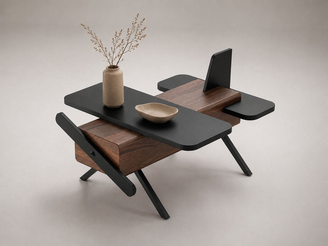 Coffee table, solid sheesham wood and steel