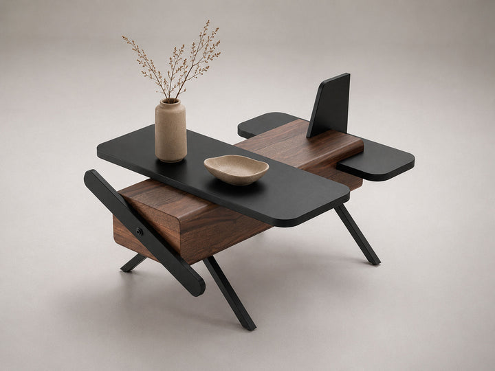 Coffee table, solid sheesham wood and steel