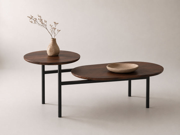 Coffee table, solid sheesham wood and steel