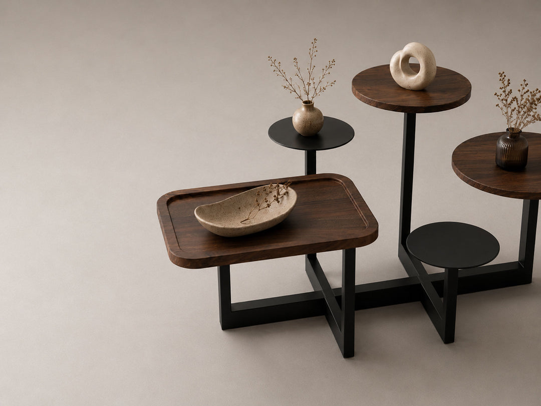 Coffee table, solid sheesham wood and steel
