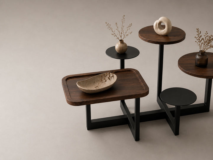 Coffee table, solid sheesham wood and steel