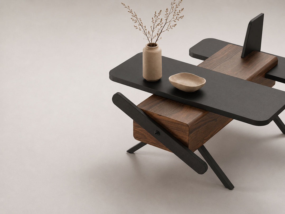 Coffee table, solid sheesham wood and steel