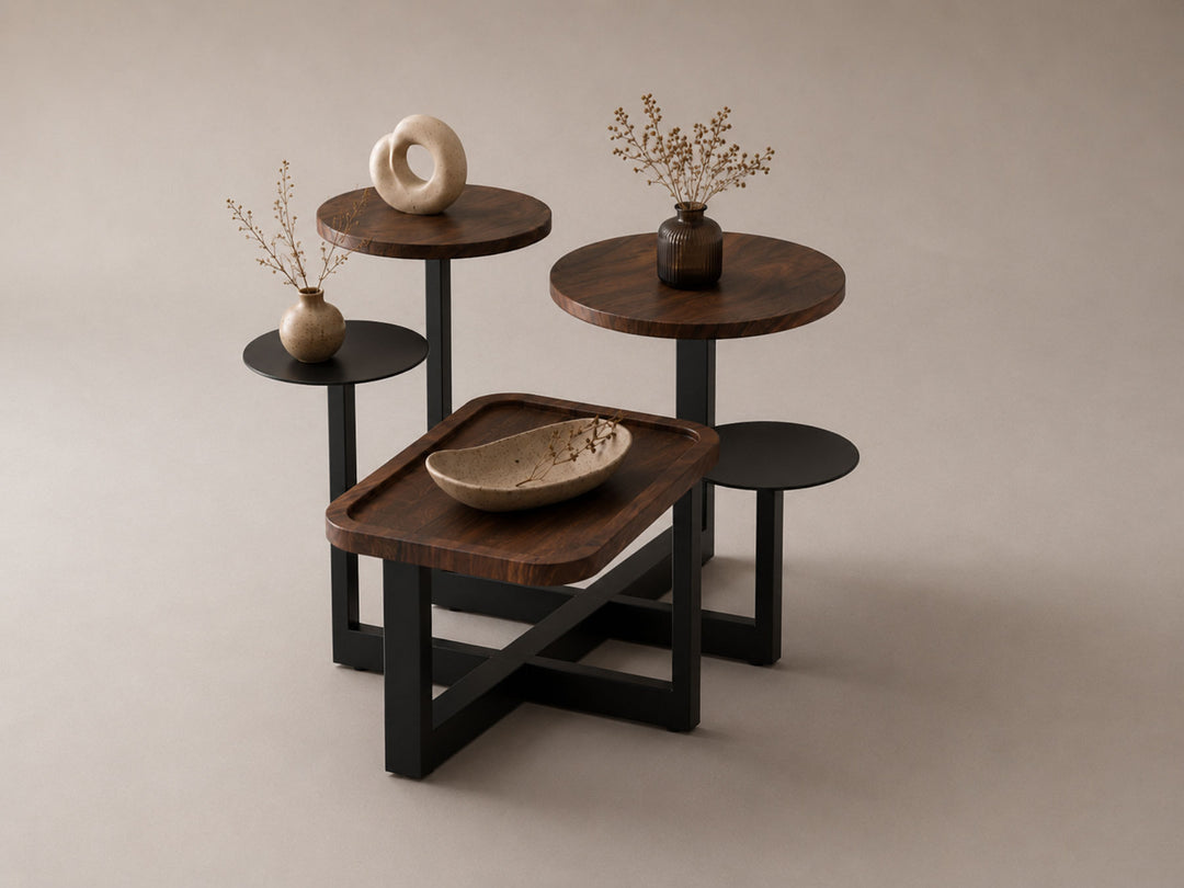 Coffee table, solid sheesham wood and steel