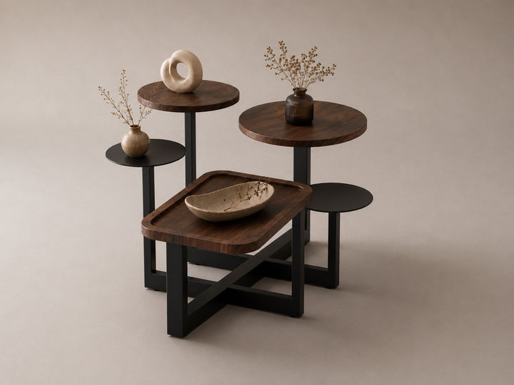 Coffee table, solid sheesham wood and steel
