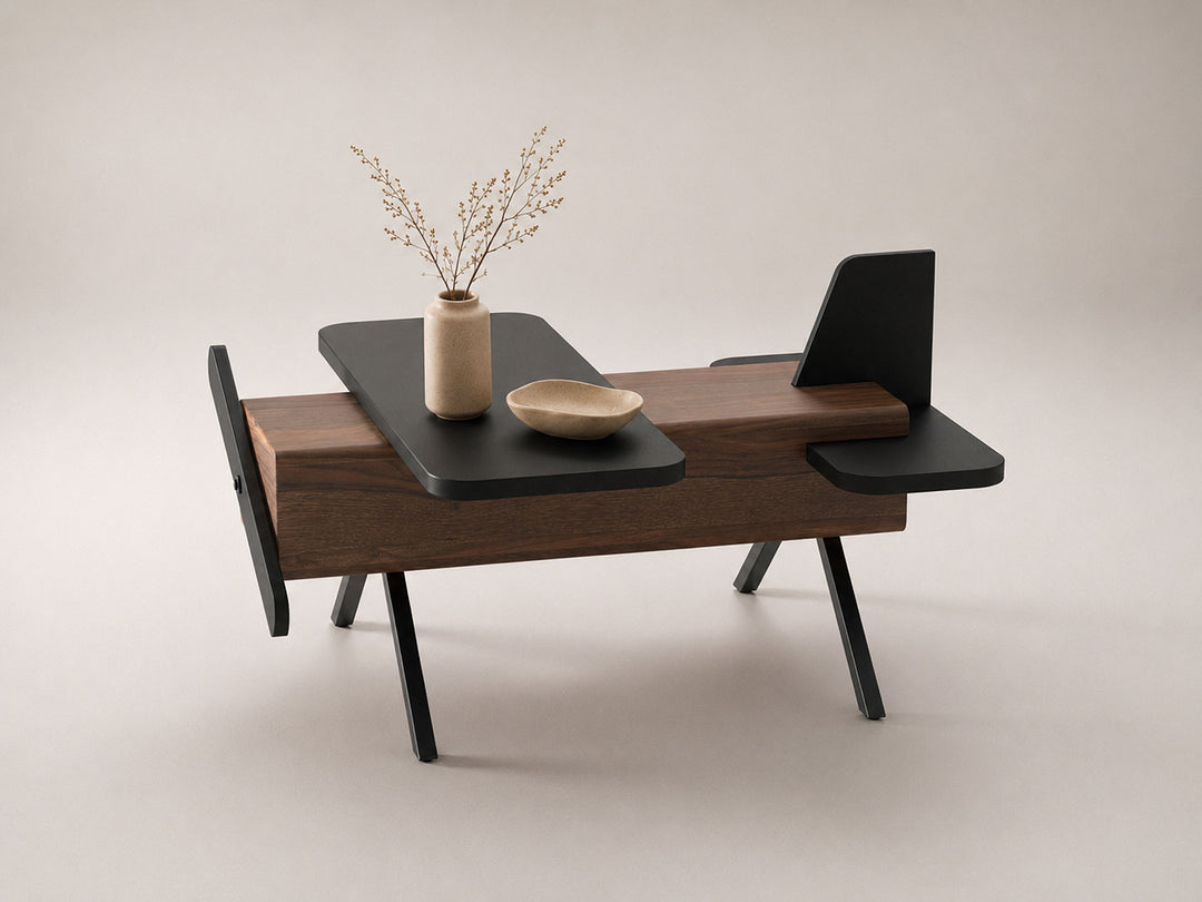 Coffee table, solid sheesham wood and steel