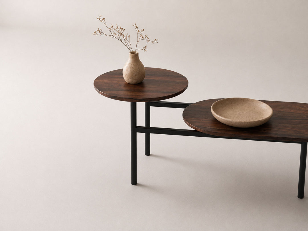 Coffee table, solid sheesham wood and steel
