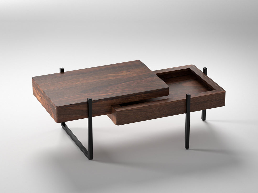 Coffee table, solid sheesham wood and steel