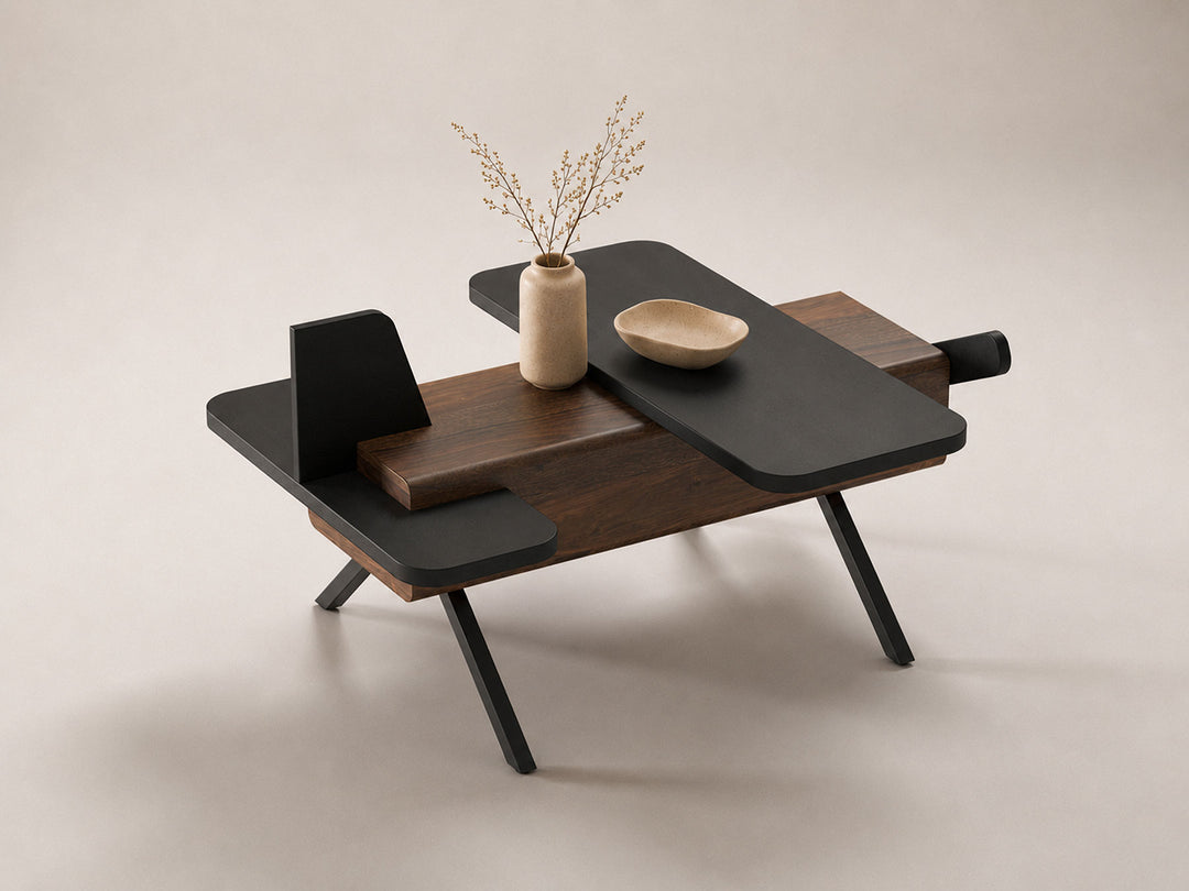 Coffee table, solid sheesham wood and steel