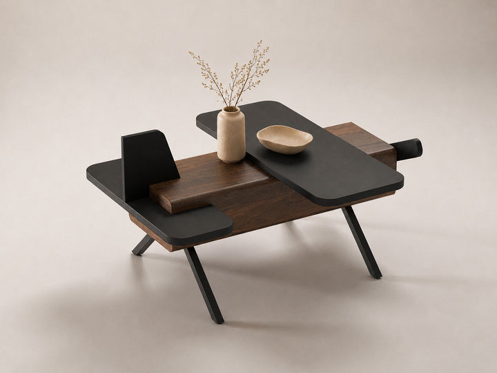 Coffee table, solid sheesham wood and steel