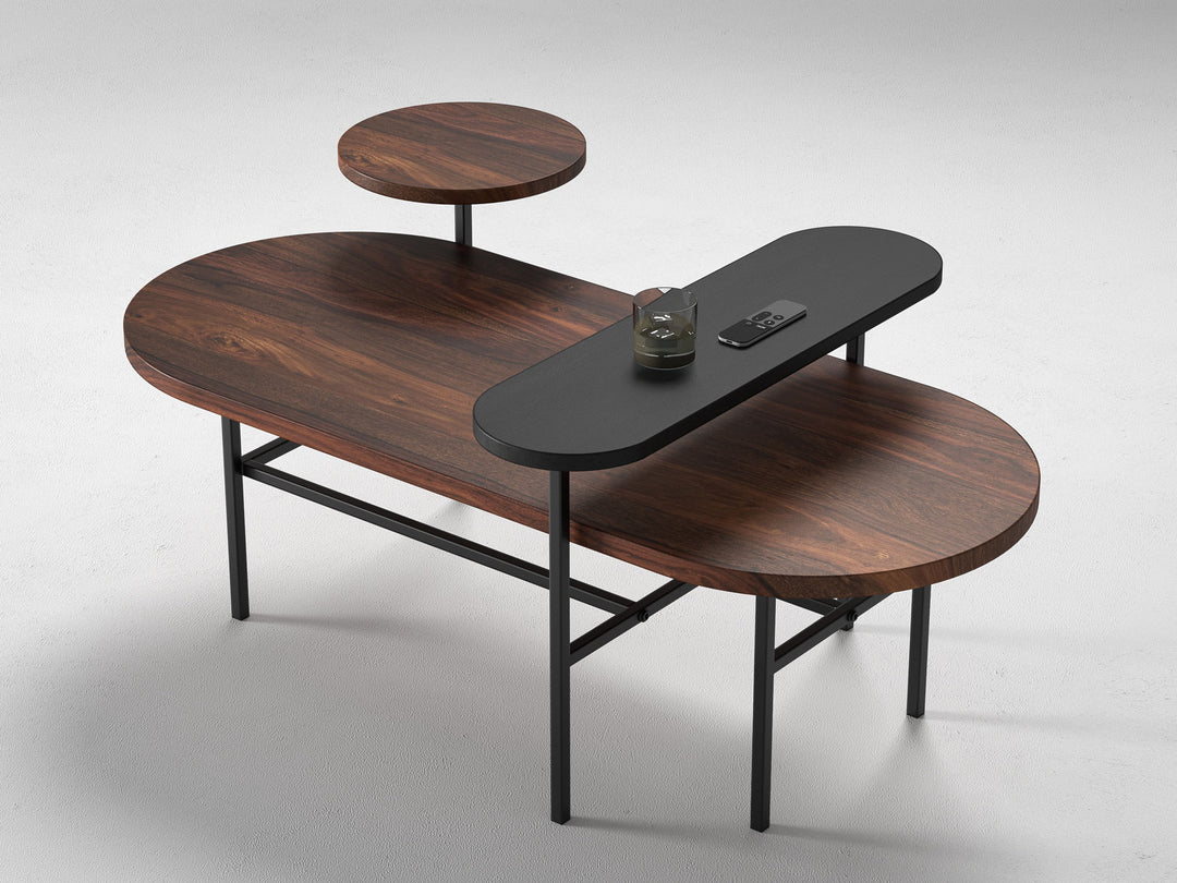 Coffee table, solid sheesham wood and steel