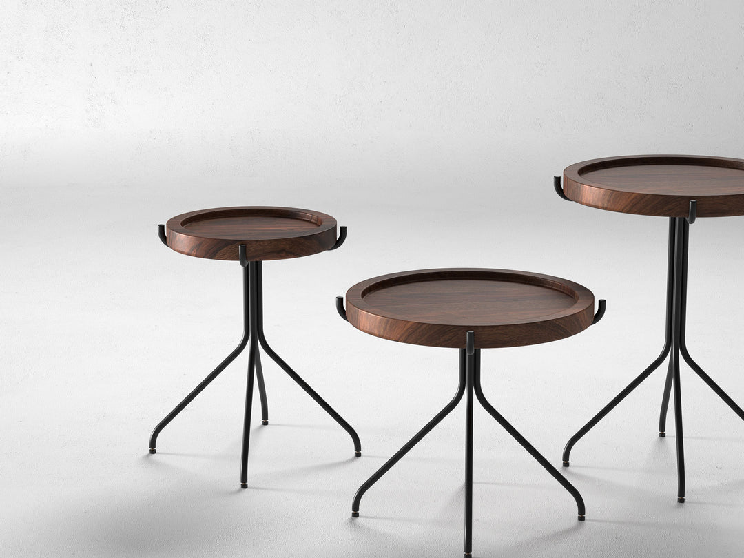 Set of 3 nesting coffee tables, solid sheesham wood and steel