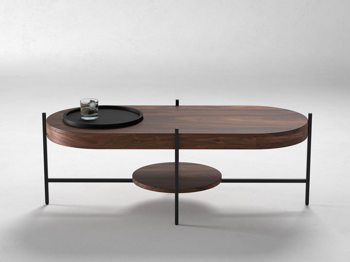Coffee table, solid sheesham wood and steel