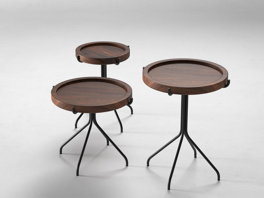 Set of 3 nesting coffee tables, solid sheesham wood and steel