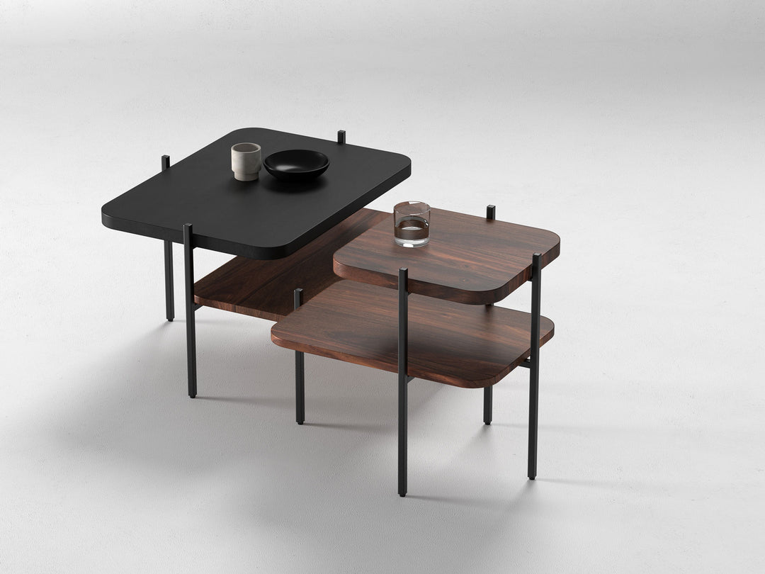 Set of 2 nesting coffee tables, solid sheesham wood and steel