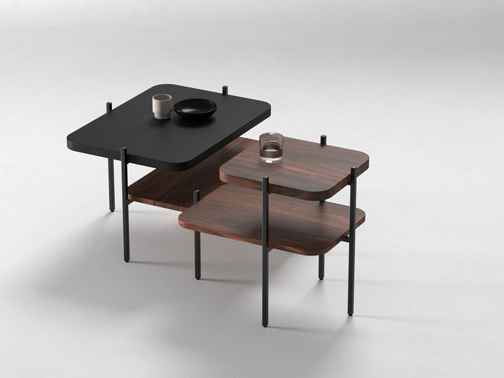 Set of 2 nesting coffee tables, solid sheesham wood and steel