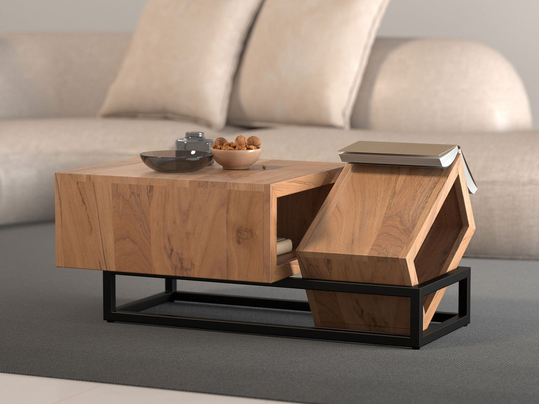 Coffee table, solid acacia wood and steel