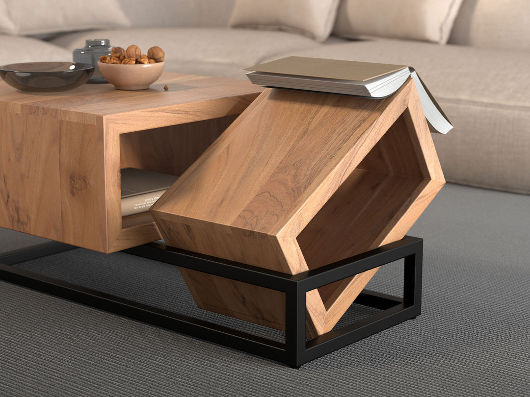Coffee table, solid acacia wood and steel