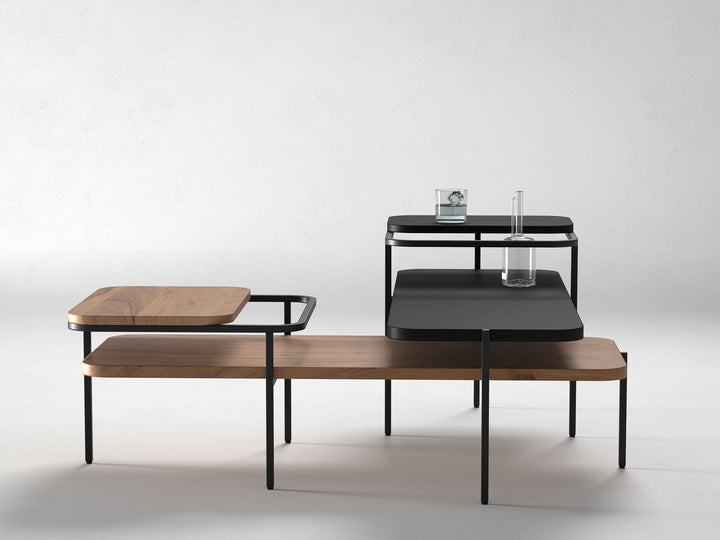 Set of 2 nesting coffee tables, solid acacia wood and steel