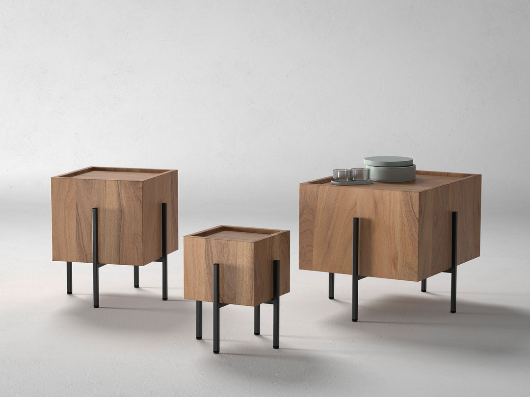 Set of 3 nesting coffee tables, solid acacia wood and steel