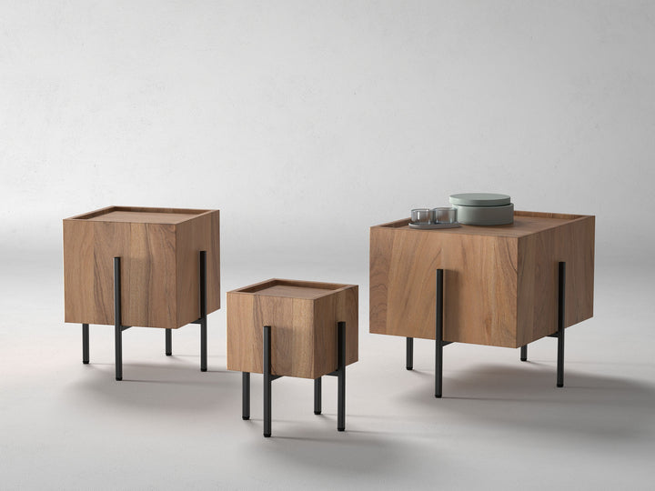 Set of 3 nesting coffee tables, solid acacia wood and steel