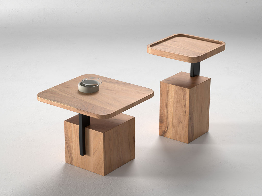 Set of 2 nesting coffee tables, solid acacia wood and steel