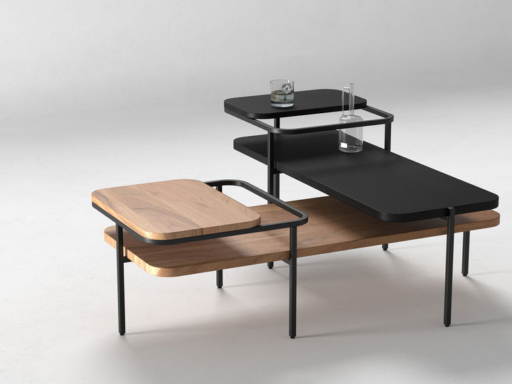 Set of 2 nesting coffee tables, solid acacia wood and steel