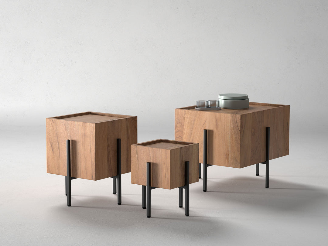 Set of 3 nesting coffee tables, solid acacia wood and steel