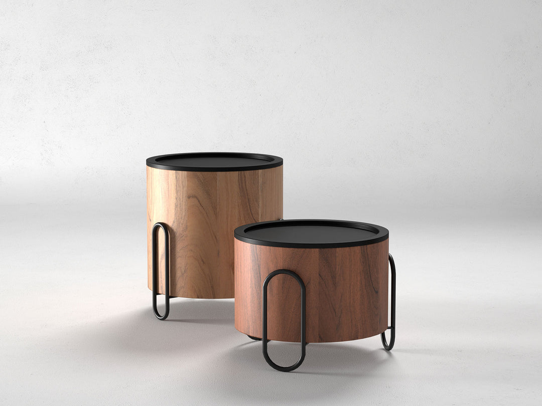 Set of 2 nesting coffee tables, solid acacia wood and steel