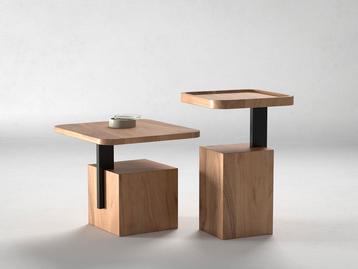 Set of 2 nesting coffee tables, solid acacia wood and steel