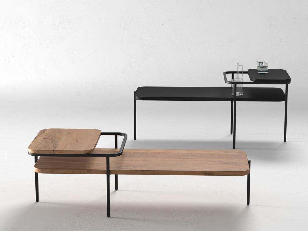 Set of 2 nesting coffee tables, solid acacia wood and steel