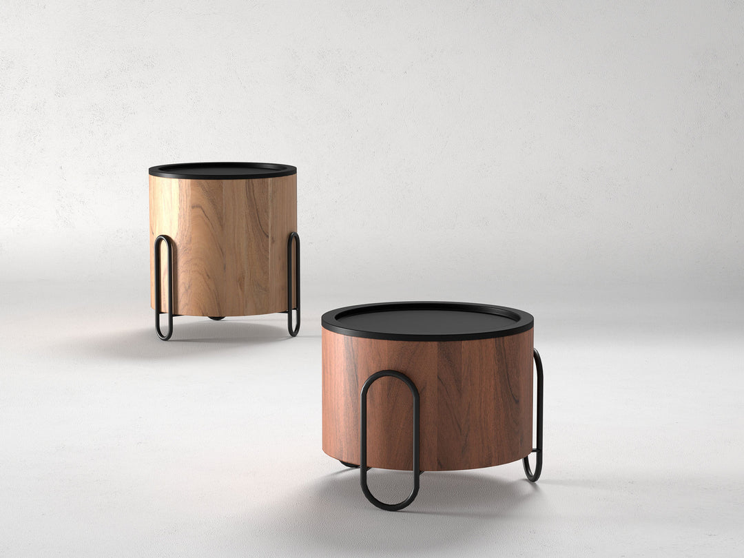 Set of 2 nesting coffee tables, solid acacia wood and steel