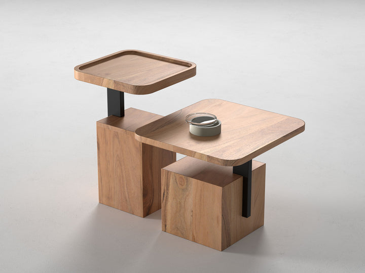 Set of 2 nesting coffee tables, solid acacia wood and steel