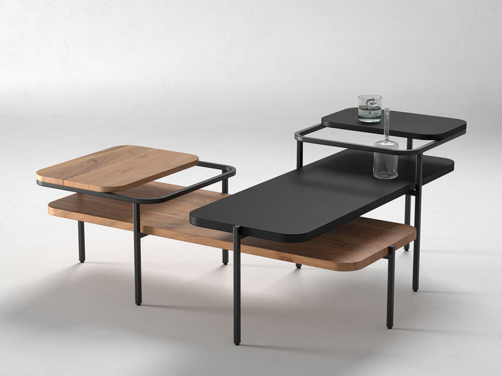 Set of 2 nesting coffee tables, solid acacia wood and steel