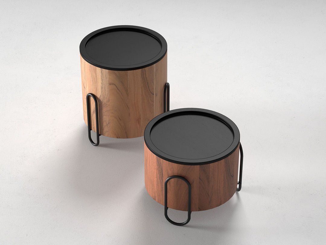 Set of 2 nesting coffee tables, solid acacia wood and steel