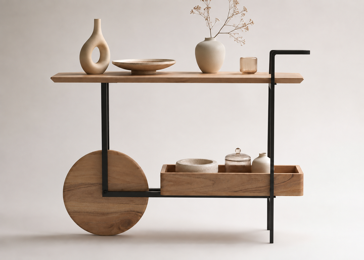 Console table, solid acacia wood and steel