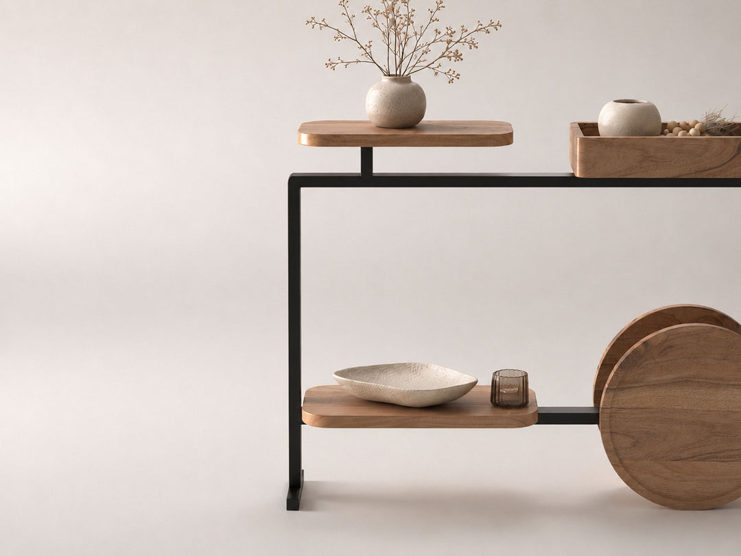 Console table, solid acacia wood and steel