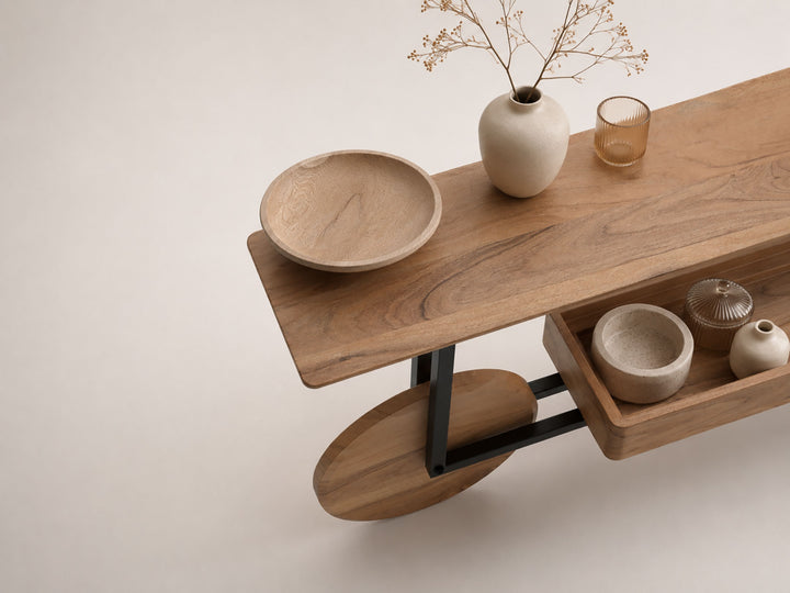 Console table, solid acacia wood and steel