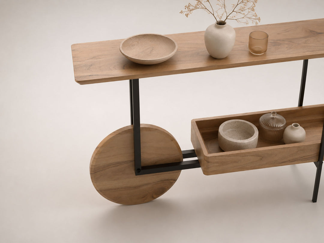 Console table, solid acacia wood and steel